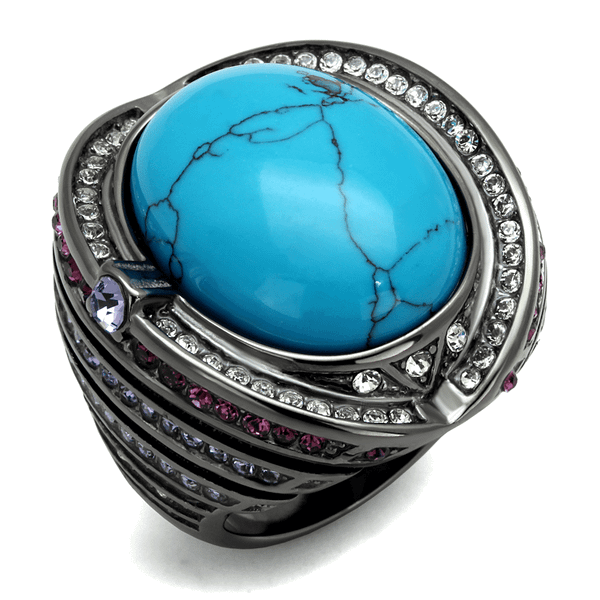TK2983 - IP Light Black  (IP Gun) Stainless Steel Ring with Synthetic Turquoise in Sea Blue A874-TK2983