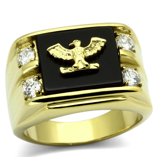 TK793 - IP Gold(Ion Plating) Stainless Steel Ring with Semi-Precious Agate in Jet A874-TK793