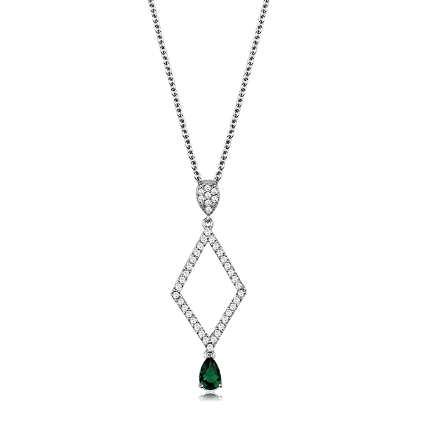 3W1026 - Rhodium Brass Chain Pendant with Synthetic Synthetic Glass in Emerald A874-3W1026