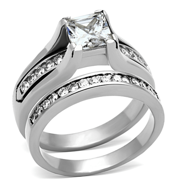 TK0W383 - High polished (no plating) Stainless Steel Ring with AAA Grade CZ  in Clear A874-TK0W383