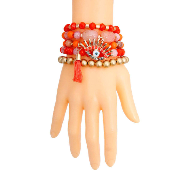 Coral and Matte Gold Evil Eye Bracelets T226-9485911556415