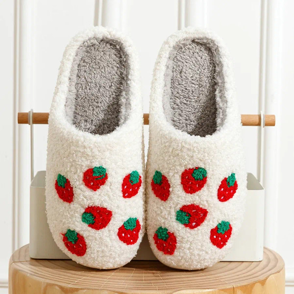 Color: Grass-Green, Shoe Size: 4 - Cute Fruit Women Slippers Winter Indoor Warm Soft Sole Breathabl F640-12000038854129980