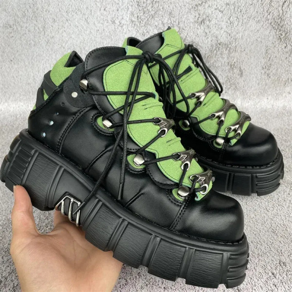 Color: Assorted, Shoe Size: 38 - Punk Style Women Sneakers Lace-up 6CM Platform Shoes Woman Creeper F640-12000030794491041