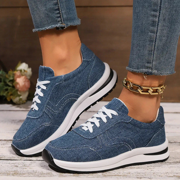 Color: Blue, Shoe Size: 36 - Blue Denim Platform Sneakers Women Fashion Thick Sole Lace Up Sports S F640-12000042318859245