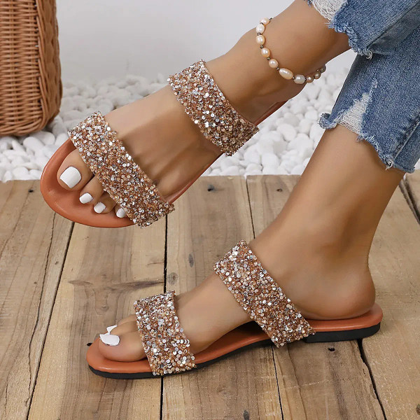 Color: Brown, Shoe Size: 39 - Flat Women's Slippers 2024 New Summer Fashion Casual Metal Decorated  F640-12000038631292032