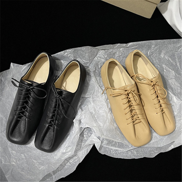 Le*re Sheepskin Oxfords Shoes Square Head DesginTie Up Flat Shoes 2025 New Luxury Design Shoes F640-3256808336078573