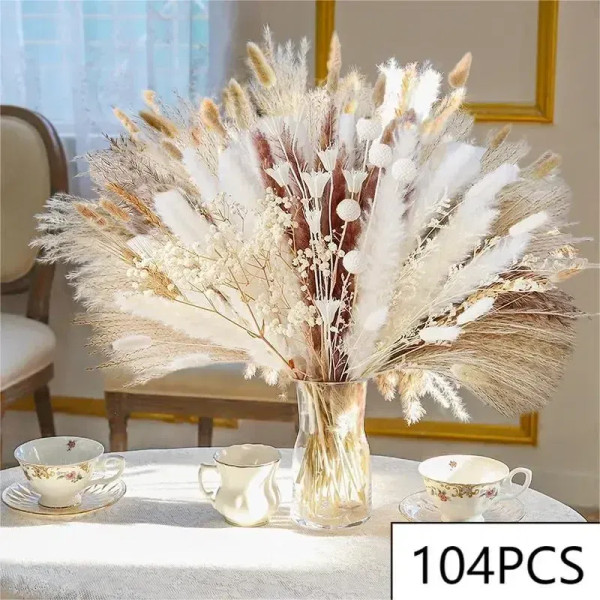 Color: Gold - 105pcs Natural Dried Flowers Pampas Floral Bouquet Boho Country Home Decoration Rabbi F640-12000036340401379