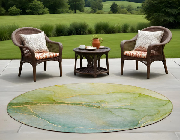 8' Round Green Round Abstract Washable Non Skid Indoor Outdoor Area Rug N270-559807