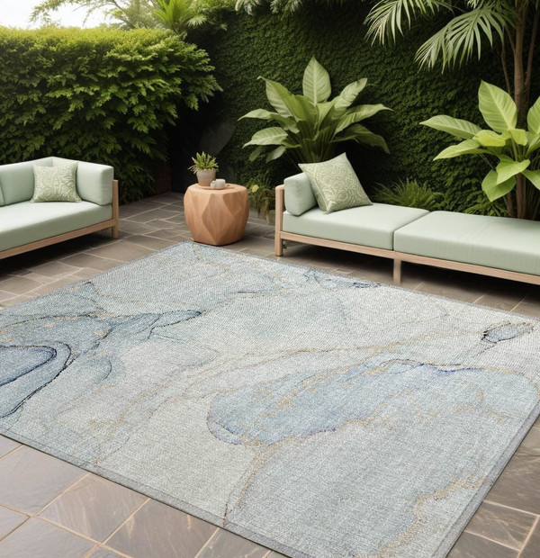 9' X 12' Beige and Blue Abstract Washable Non Skid Indoor Outdoor Area Rug N270-560562