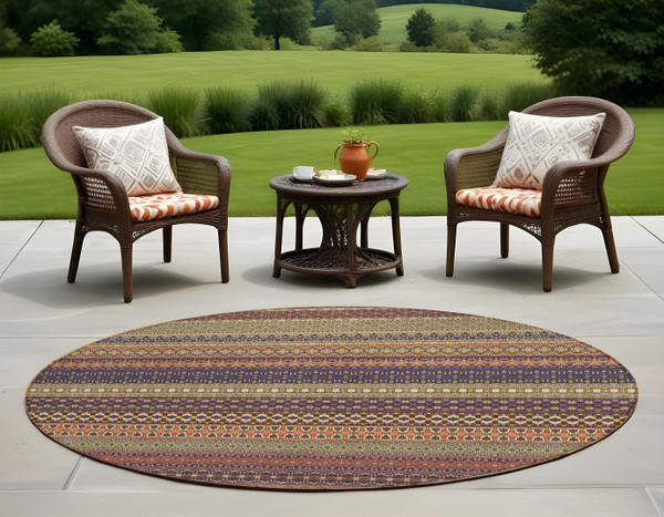 8' Round Orange Round Striped Washable Non Skid Indoor Outdoor Area Rug N270-560767