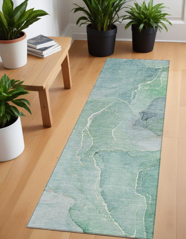 8' Runner Teal Abstract Washable Non Skid Indoor Outdoor Runner Rug N270-559939