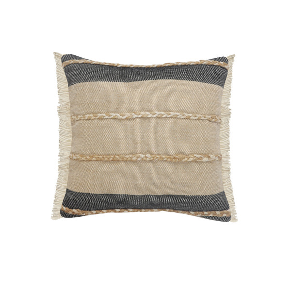 20" X 20" Beige And Ivory Jute Striped Zippered Pillow With Fringe N270-516728
