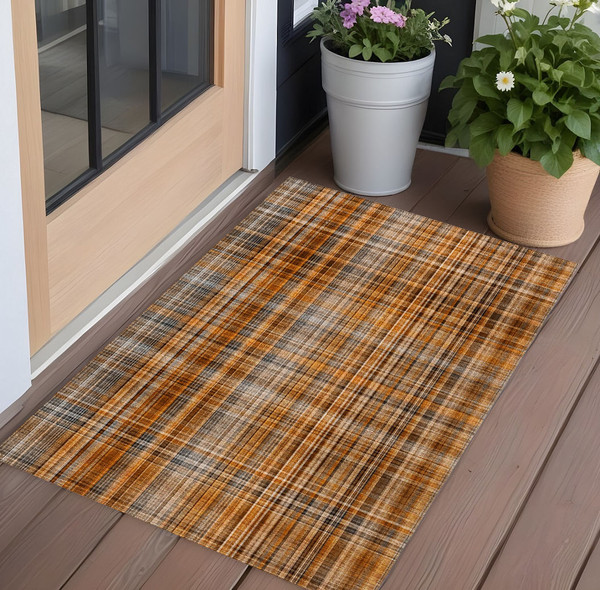 2' X 3' Orange Brown and Gray Plaid Washable Non Skid Indoor Outdoor Area Rug N270-561939