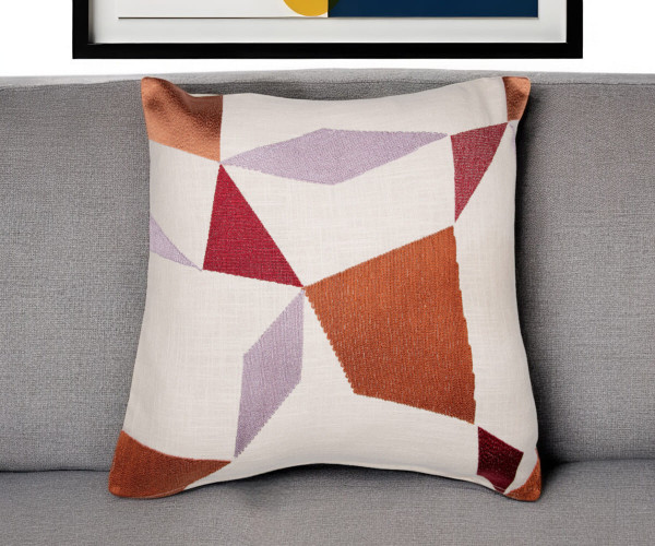 24" Ivory Geometric Cotton Blend Throw Pillow With Embroidery N270-549431