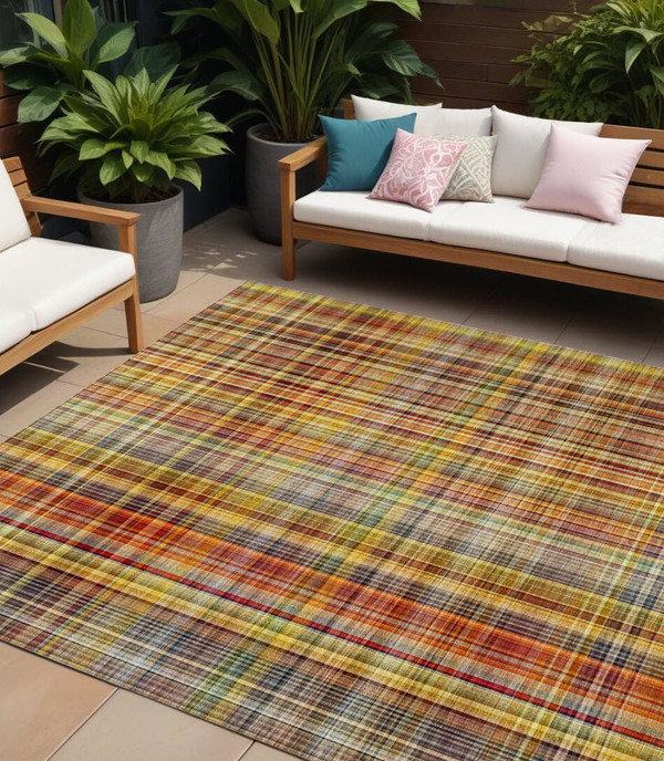9' X 12' Yellow Orange and Brown Plaid Washable Non Skid Indoor Outdoor Area Rug N270-561901