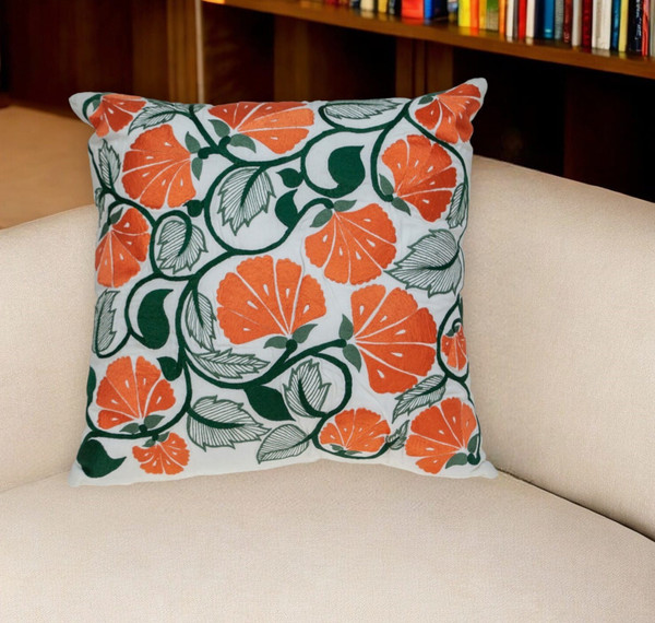 22" Orange and White Floral Cotton Throw Pillow With Embroidery N270-529293