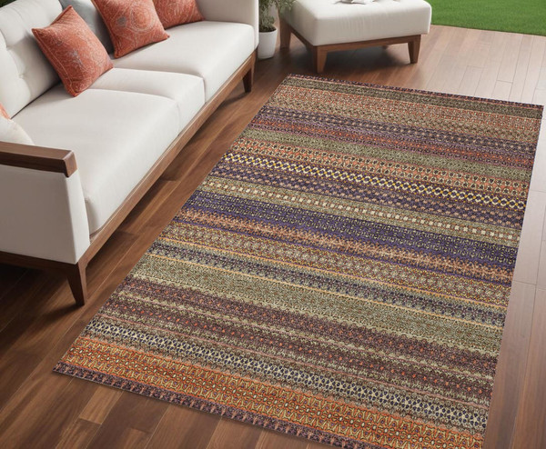 5' X 8' Orange Striped Washable Non Skid Indoor Outdoor Area Rug N270-560766