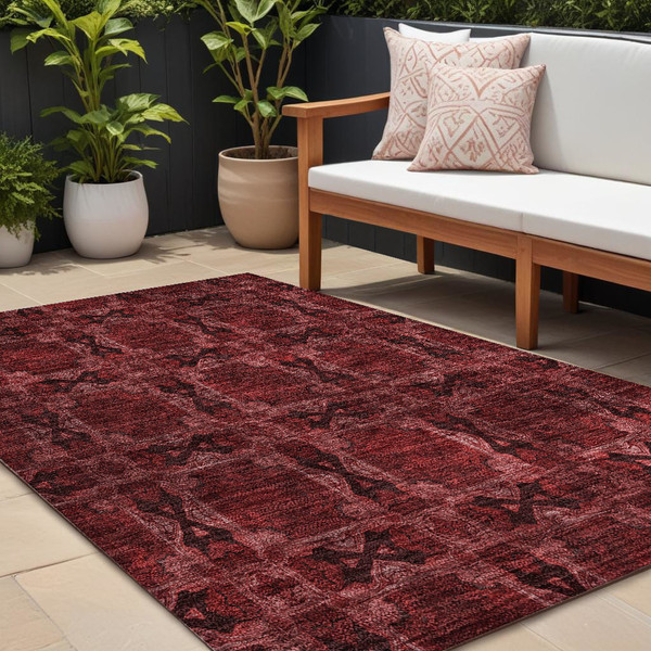 8' X 10' Burgundy and Black Floral Medallion Washable Non Skid Indoor Outdoor Area Rug N270-563400
