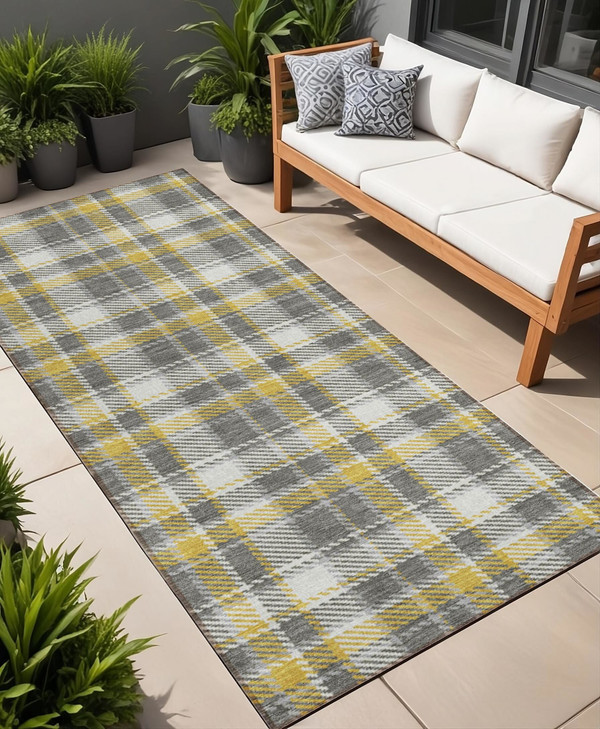 8' Runner Gray Yellow and White Plaid Washable Non Skid Indoor Outdoor Runner Rug N270-563350