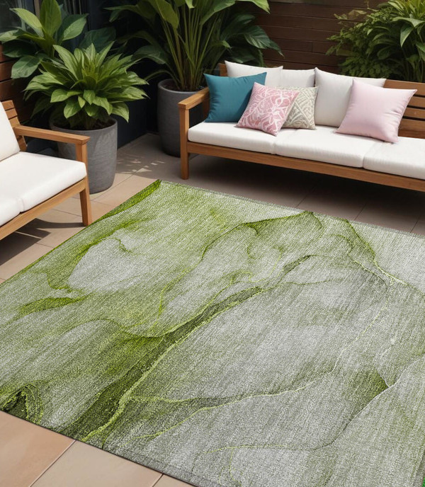8' X 10' Olive Green Abstract Washable Non Skid Indoor Outdoor Area Rug N270-559826