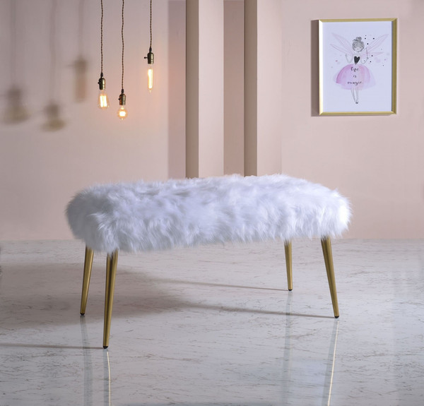 18" White and Gold Upholstered Faux Fur Bench N270-347539