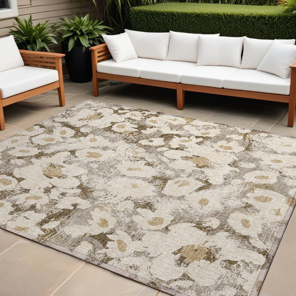 8' X 10' Khaki Floral Washable Non Skid Indoor Outdoor Area Rug N270-561729