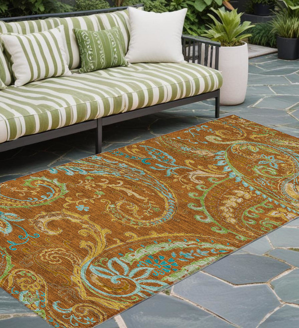 8' Runner Orange Paisley Washable Non Skid Indoor Outdoor Runner Rug N270-561438