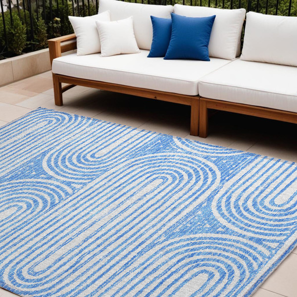 9' X 12' Blue and White Abstract Washable Non Skid Indoor Outdoor Area Rug N270-561820