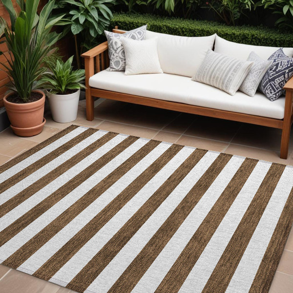 9' X 12' Chocolate Striped Washable Non Skid Indoor Outdoor Area Rug N270-560823
