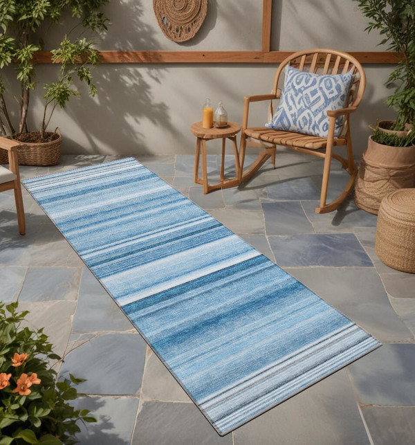 8' Runner Blue Striped Washable Non Skid Indoor Outdoor Runner Rug N270-560997