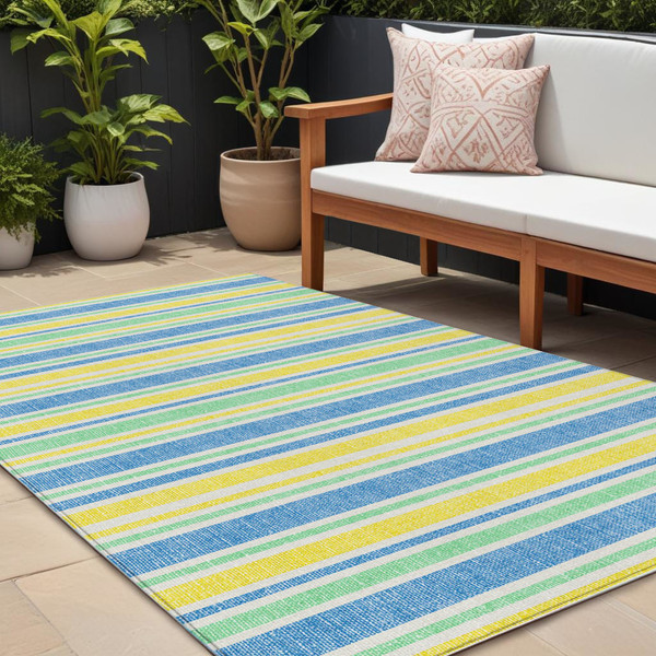 8' X 10' Blue Yellow and Green Striped Washable Non Skid Indoor Outdoor Area Rug N270-561299