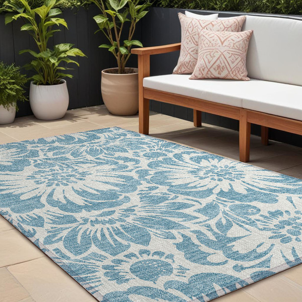 9' X 12' Denim and Ivory Floral Washable Non Skid Indoor Outdoor Area Rug N270-562441