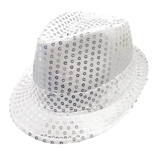 Color: WHITE - 12 Colors Men's Women's Jazz Hat Sequins Retro Disco Funky Glitter Costume Unisex No F640-12000028372144649