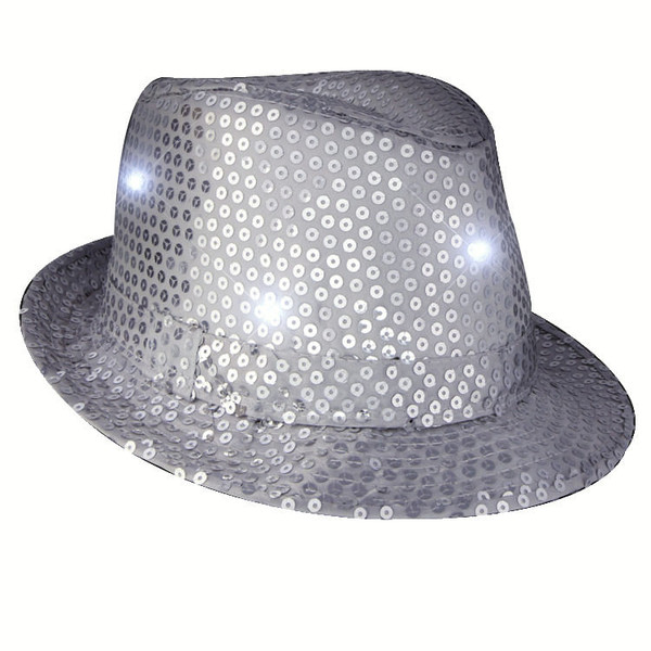 LED Flashing Fedora Hat with Silver Sequins A706-3995400