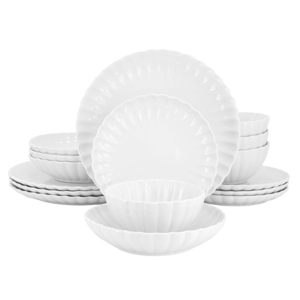 Elama Jane 16 Piece Scalloped Double Bowl Porcelain Dinnerware Set in White D970-ELM-JANE16