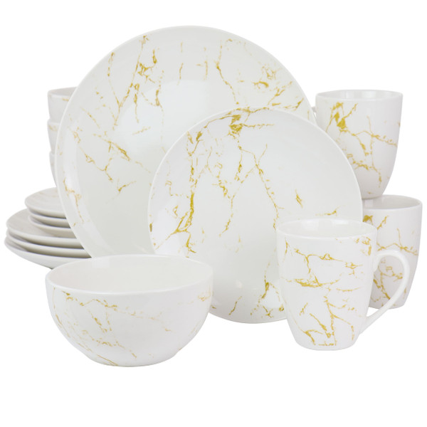 Elama Fine Marble 16 Piece Stoneware Dinnerware Set in Gold and White D970-EL-FINEMARBLE-G