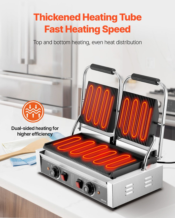 Commercial Panini Grill, 3600W Electric Sandwich Panini Maker, Stainless Steel Double Sandwichs Pre E415-SYYBDBL199YCD1FND002V1