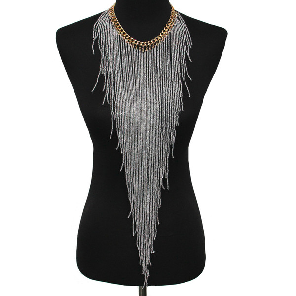 Color: Grey - Ethnic Style Long Rice Bead Tassel Necklace Bohemia Exaggerated Performance Necklace  Q119-CJNSFSYD00287-Grey