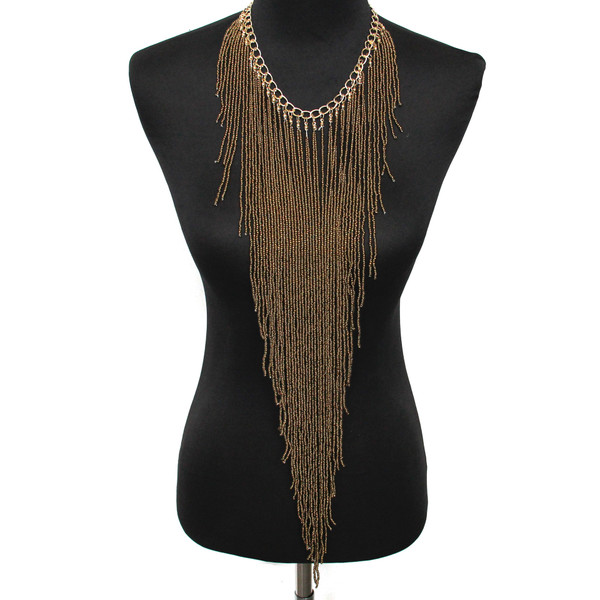 Color: Gold - Ethnic Style Long Rice Bead Tassel Necklace Bohemia Exaggerated Performance Necklace  Q119-CJNSFSYD00287-Gold