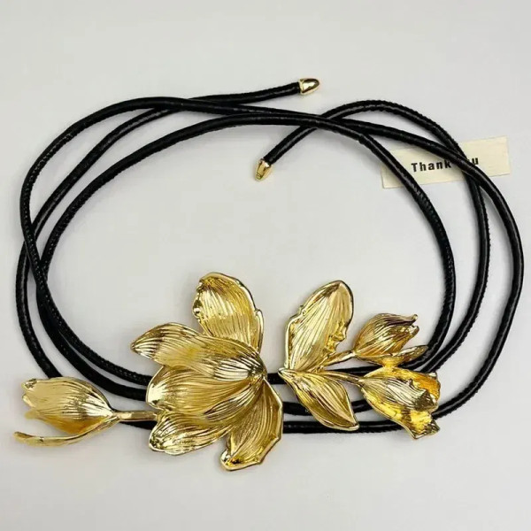 Color: Gold - Women Luxury Fashion Design Metal Tulip Flower Waistband Chain Skirt Pants Dress Jean F640-12000042218061135