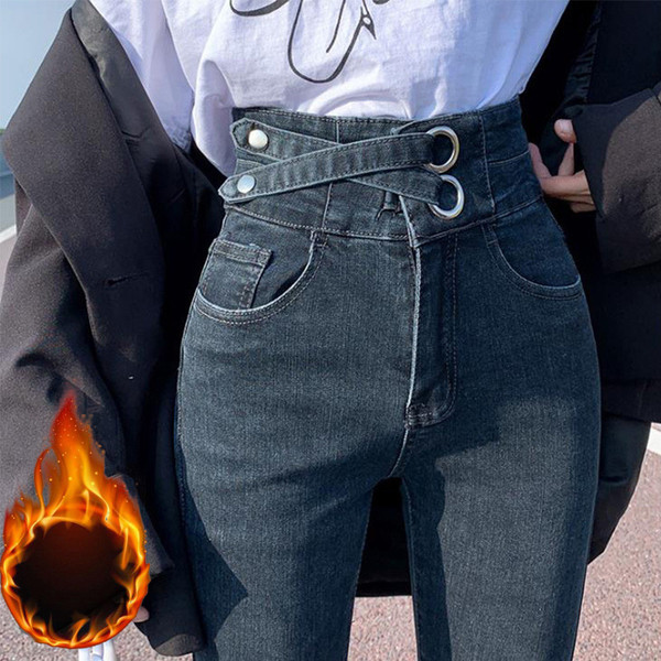 Color: Grey blue plus velvet, Size: 28 - Thin skinny high waist black pencil long pants with small  Q119-CJNSXZNZ01636-Grey blue plus velvet-28