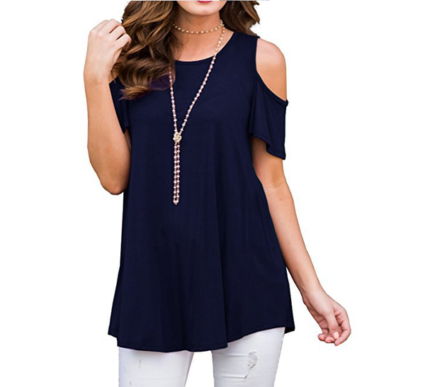 Color: Navy Blue, size: M - Round Neck Short Sleeve Off Shoulder Loose T-Shirt Casual Top Q119-CJNSSYCS01049-Navy Blue-M
