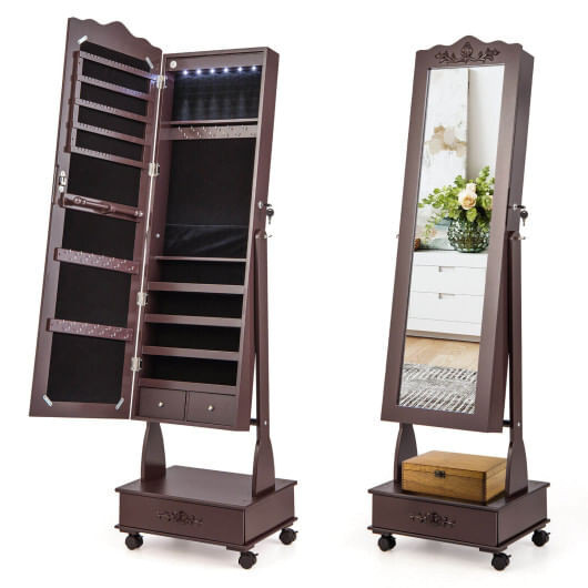 Rolling Floor Standing Mirrored Jewelry Armoire with Lock and Drawers-Brown - Color: Brown D681-JV10584BN