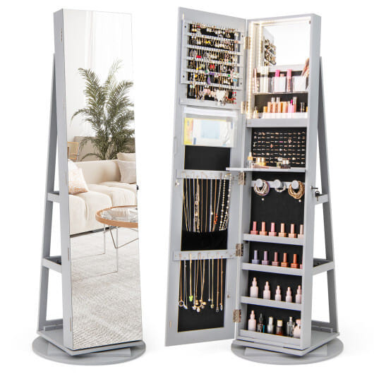 360?° Rotating Mirrored Jewelry Cabinet Armoire 3 Color LED Modes Lockable-Gray - Color: Gray D681-JV10430GR