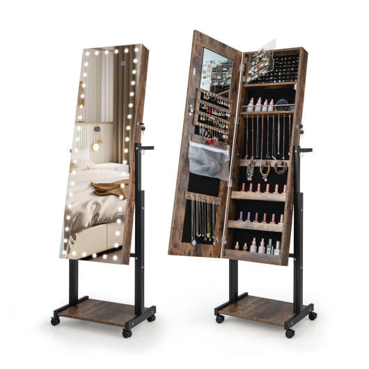 3-Color 46 LED Lights? Mirror Jewelry Cabinet Armoire Adjustable Height with Wheels-Brown - Color:  D681-JV11239CF