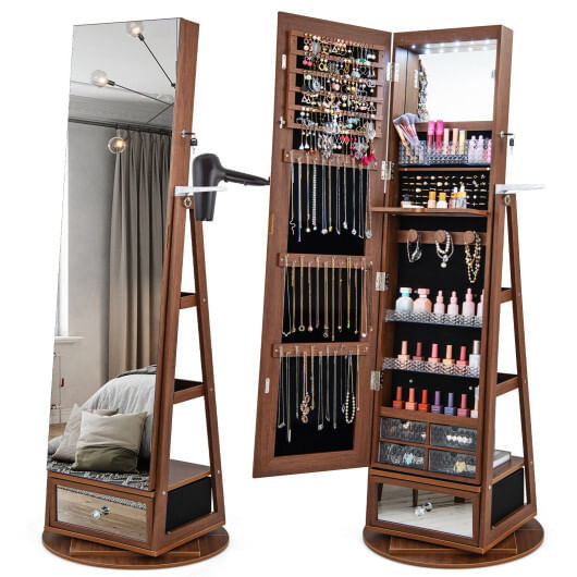 Lockable 360?° Swivel Jewelry Cabinet with Full-Length Mirror LED Lights-Walnut - Color: Walnut D681-JV11195BN