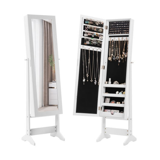 Mirrored Standing Jewelry Cabinet Storage Box-White - Color: White D681-HW66419WH
