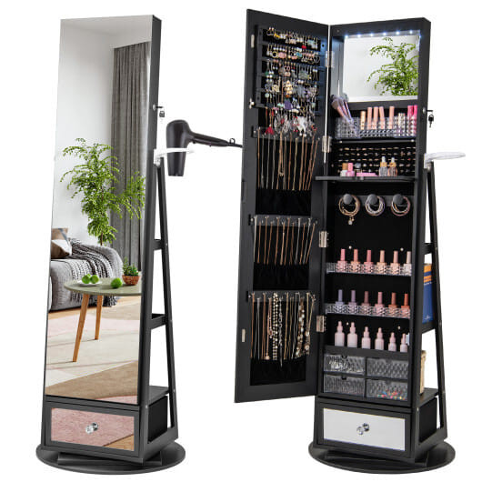 Lockable 360?° Swivel Jewelry Cabinet with Full-Length Mirror LED Lights-Black - Color: Black D681-JV11195DK