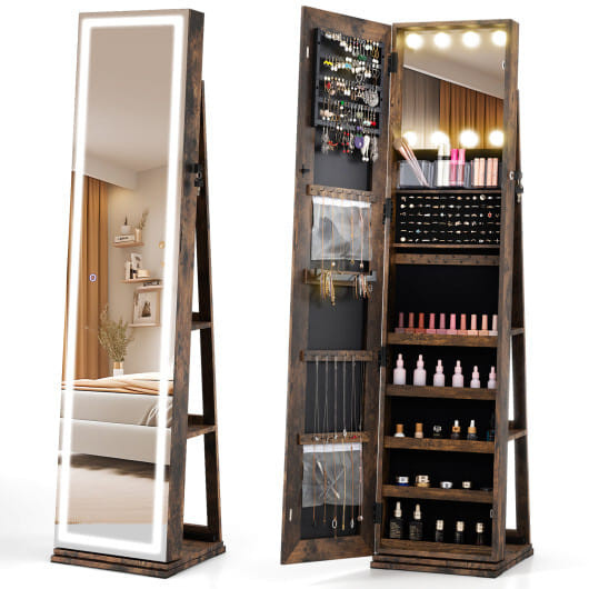360?° Swivel Freestanding Jewelry Cabinet with Lighted Full Length Mirror-Rustic Brown - Color: Rus D681-JV12479US-FG