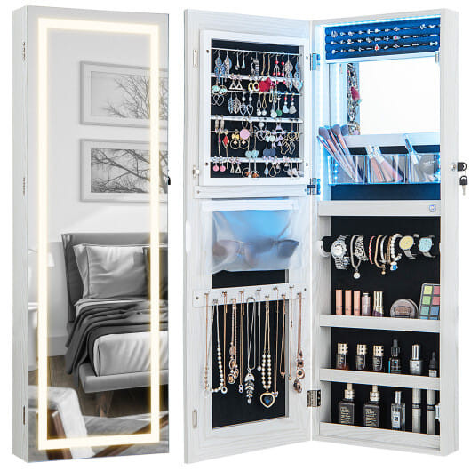 42.5 Inches Lockable Jewelry Mirror Wall Cabinet with 3-Color LED Lights-White - Color: White D681-JV11171US-WH